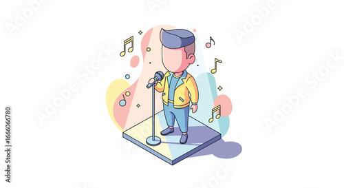 Cartoon character singing into a microphone on a stage with musical notes