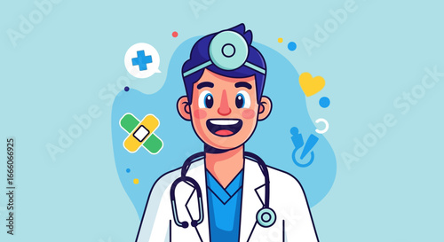 Cartoon Doctor Portrait with Head Mirror and Stethoscope Illustration