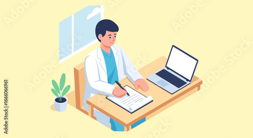Cartoon Doctor Writing on Clipboard at Desk with Laptop