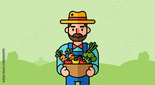 Cartoon Farmer Holding Basket Full of Freshly Harvested Vegetables