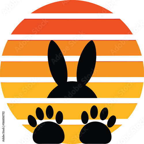 a bunny footprints silhouette on retro stripe sun .eps