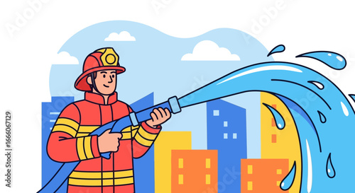 Cartoon Firefighter in Red Uniform Spraying Water from Hose with Force