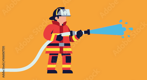 Cartoon Firefighter in Red Uniform Spraying Water from Hose