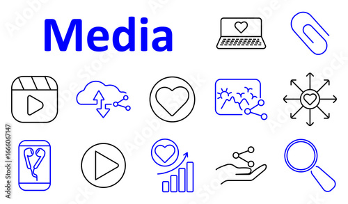 Media set icon. Collection includes heart, cloud, play button, share arrows, graph, search icon, laptop, image frame, and connection indicators for digital media interaction