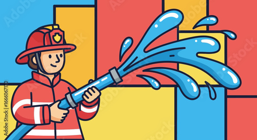 Cartoon Firefighter Spraying Water from Hose, Smiling, Red Uniform, Blue Water.
