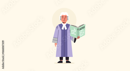 Cartoon Judge in Traditional Robes Holding a Book of Justice