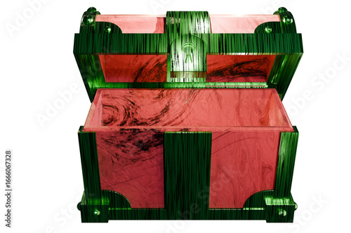 Christmas treasure chest with green and red festive colors, open empty magical box for holiday design, winter decoration, or fantasy game asset, isolated on transparent background.