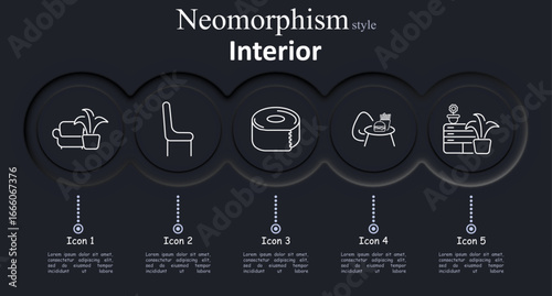 Interior set icon. Outlined sofa with plant, chair, roll of toilet paper, food table, and cabinet with decor in neumorphism design and dark UI theme
