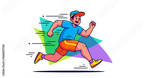 Cartoon Man Running with Blue Shirt, Orange Shorts, and Yellow Shoes
