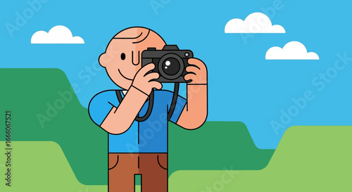 Cartoon man with bald head holding a black camera to take a photo