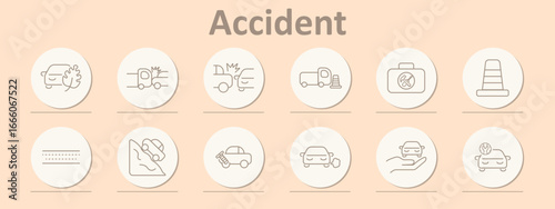 Accident set icon. Car crash, tree impact, truck collision, repair kit, warning cone, skidding vehicle, downhill drive, car smoke, damaged front, roadside support