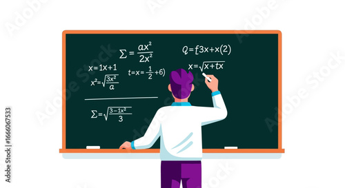 Cartoon Man Writing Math Equations on Chalkboard with Chalk in Hand