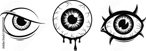 Three stylized black and white eyeballs, one with sharp lines, one dripping, and one with spikes