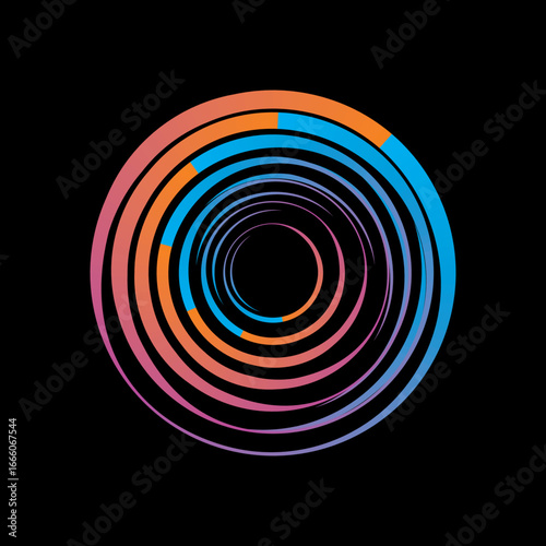 Vector background of rotating elliptical 3D shapes, consisting of a pattern of squares and wavy lines with colorful gradations.	
