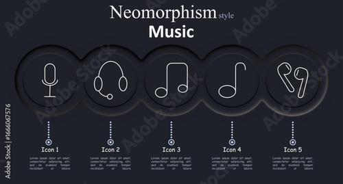Music set icon. Outlined microphone, headset, musical notes, and earphones presented in neumorphism style circles with a dark theme background