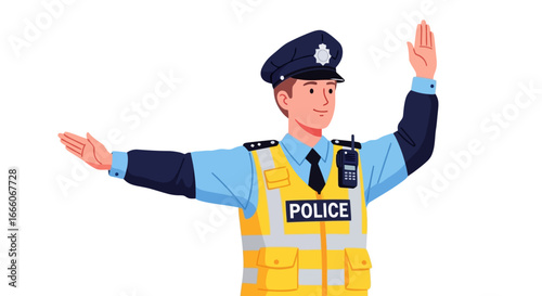 Cartoon Police Officer Directing Traffic with Raised Hands and Yellow Vest