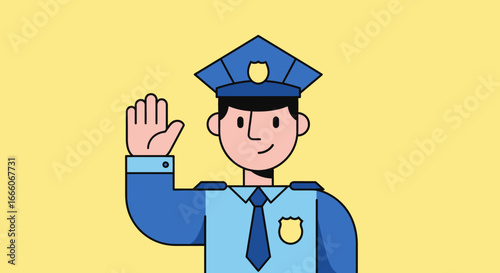 Cartoon Police Officer in Blue Uniform Saluting