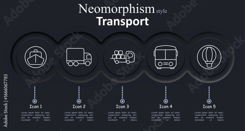 Transport and logistics set icon. Ship, truck, delivery truck with boxes, bus, hot air balloon