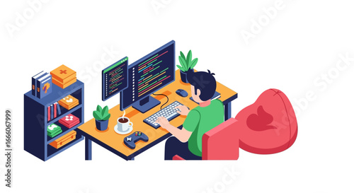 Cartoon Programmer Working at Desk with Dual Monitors and Beanbag Chair
