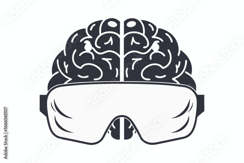 Modern Human Brain Wearing VR Glasses on White Background, AI Vision Concept