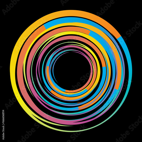 Vector background of rotating elliptical 3D shapes, consisting of a pattern of squares and wavy lines with colorful gradations.	
