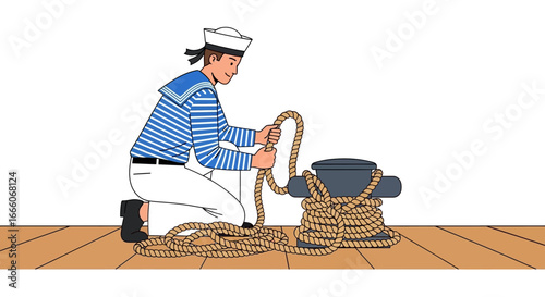 Cartoon Sailor Kneeling, Handling Thick Brown Rope Near a Mooring Bollard