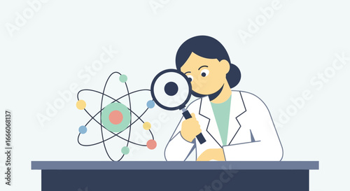 Cartoon scientist examining atomic structure with a magnifying glass