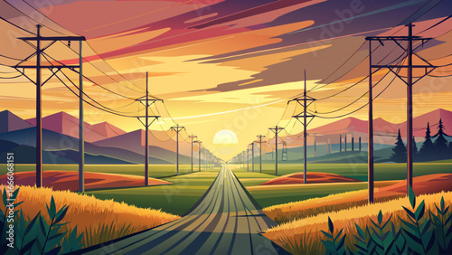 High voltage power lines stretch across fields, sunset paints radiant glow, silhouettes merge with landscape, energy humming softly, timeless structure inspires awe, horizon whispers harmony between 