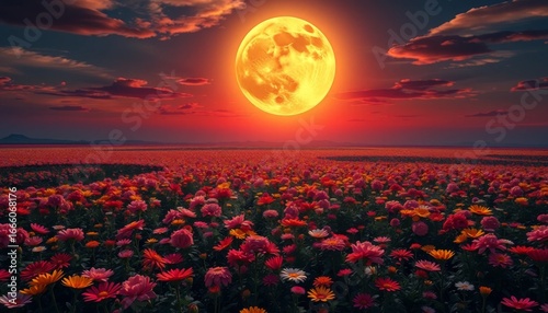Full moon over a field of flowers at sunset