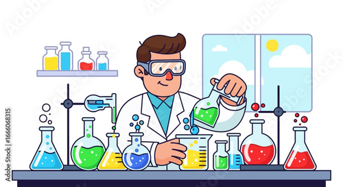 Cartoon Scientist Pouring Green Liquid in Beaker with Lab Equipment