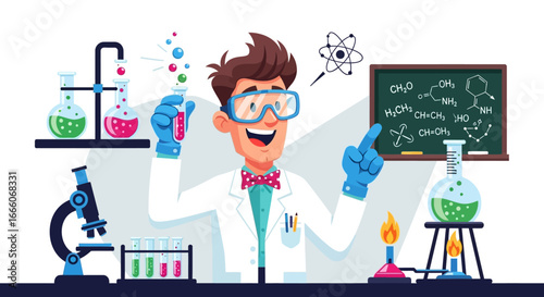 Cartoon Scientist with Goggles and Bowtie in Laboratory Setting