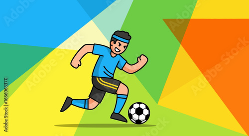 Cartoon Soccer Player Dribbling Ball with Dynamic Geometric Background
