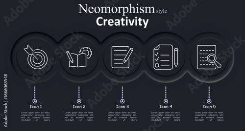 Creativity set icon. Target with pencil, book with gear, paper with pencil, checklist, magnifier on lines illustrate goal planning, creative writing, research, and idea development