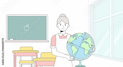 Cartoon Teacher Holding a Globe in Classroom Illustration