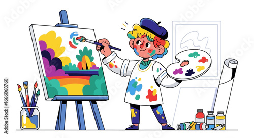 Cheerful Artist with Paint Splatters on Clothes and Face Creating Art