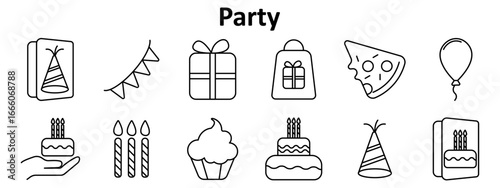 Party set icon. Birthday cake, gift box, candle, hat, balloon, pizza, cupcake, banner, card, party bag, celebration items, greetings, festive decorations.