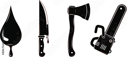 Sinister icons of violence and danger a bloody knife an axe and a chainsaw on orange