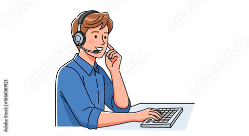 Cheerful cartoon man in blue shirt, wearing headset, typing on keyboard.