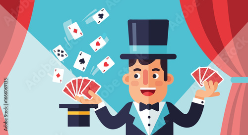 Cheerful cartoon magician in a tuxedo and top hat performing a classic playing card trick with a happy expression.