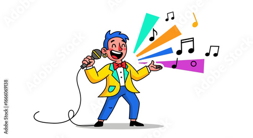 Cheerful cartoon man with blue hair and a yellow jacket singing, with colorful sound waves.