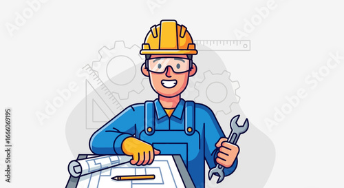 Cheerful Cartoon Mechanic with Wrench and Blueprints
