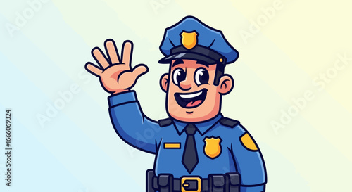 Cheerful Cartoon Police Officer Waving Hello with Friendly Expression