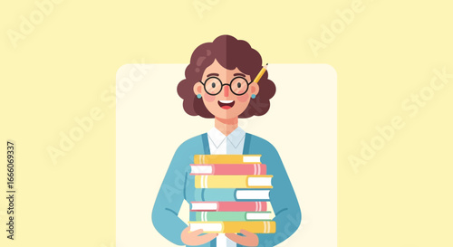 Cheerful cartoon woman with glasses and a pencil, holding a tall stack of colorful books.