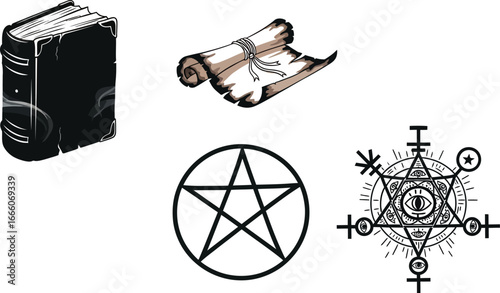 Mysterious ancient book, scroll, pentagram, and occult symbols conjuring magic and mystery