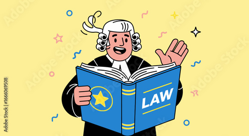 Cheerful Judge in Wig Holding Open Law Book