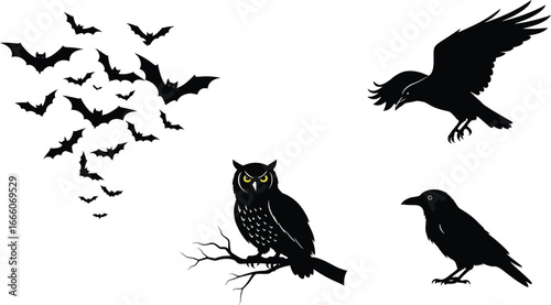 Spooky Halloween silhouettes featuring bats flying and a watchful owl perched on a branch with ravens