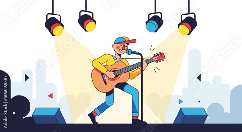 Cheerful Male Musician Playing Acoustic Guitar on Stage Under Spotlights