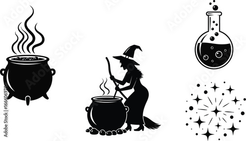 Witch brewing potion in cauldron, Halloween illustration, spooky magic, elegant design, black and white
