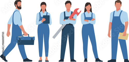 Industrial worker team vector illustration, skilled laborers, factory crew, diverse technicians, engineers in uniform, mechanic team, manufacturing professionals clipart