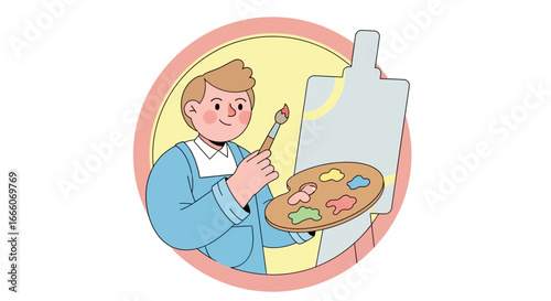 Cheerful young artist with paintbrush and paint palette creating art